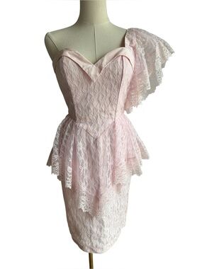 Vtg 80s Icy Pink Sweetheart Party Dress Sz 4 Lace One Shoulder Prom Retro Short